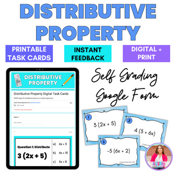 Preview of Distributive Property Task Cards in Print Digital Self Checking Google Forms