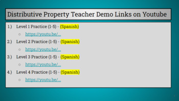 Preview of Distributive Property - Teacher Demo (Spanish) Youtube Links, Algebra I