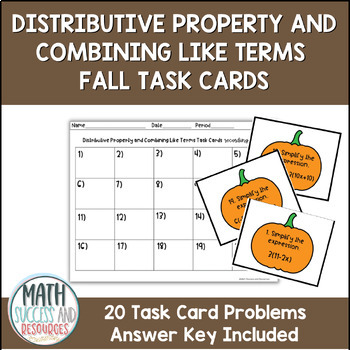 Preview of Distributive Property and Combining Like Terms Fall Pumpkin Task Cards