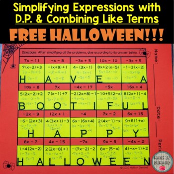 Preview of Distributive Property and Combining Like Terms Halloween Hidden Message Activity