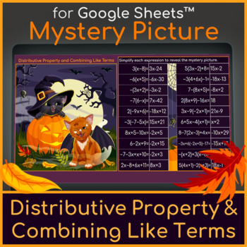 Preview of Distributive Property and Combining Like Terms Mystery Picture Halloween Kittens