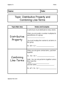 Preview of Distributive Property and Combining Like-Terms Quick Guided Notes