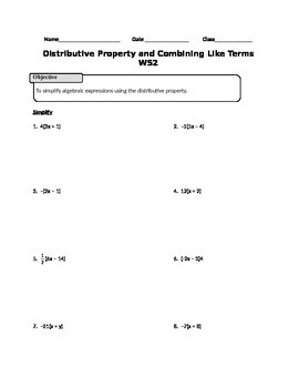 Distributive Property and Combining Like Terms WS2 by camfan54  TpT