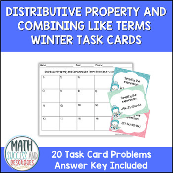 Preview of Distributive Property and Combining Like Terms Winter Snowman Task Cards