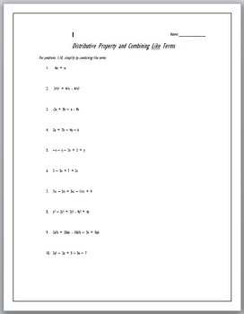 Preview of Distributive Property and Combining Like Terms Worksheet