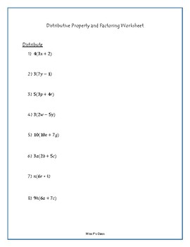 Preview of Distributive Property and Factoring Worksheet - 6th Grade