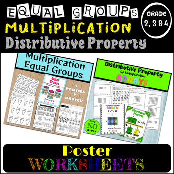 Preview of Distributive Property with Arrays, Equal Groups Multiplication Worksheets Poster