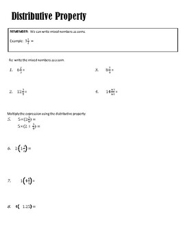 distributive property with mixed numbers worksheet tpt