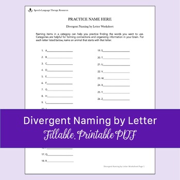 Preview of Divergent Naming by Letter Worksheet | Fillable, Printable PDF
