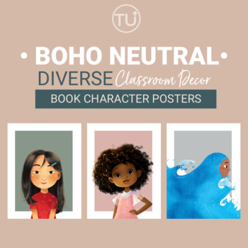 Preview of Diverse Book Character Posters Boho Neutral | Classroom Decor