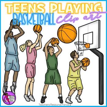 Preview of Diverse teens playing basketball ball and hoop realistic clip art