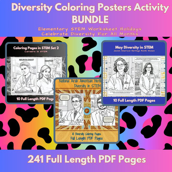 Preview of Diversity Coloring Posters Activity: BUNDLE Elementary STEM Worksheet Holidays