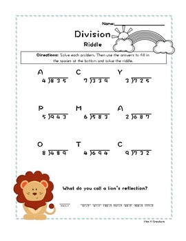 divide 3 digit by 1 digit with remainders riddle worksheet by miss k creations