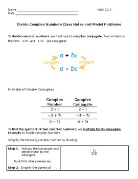 Preview of Divide Complex Numbers using Conjugates Guided Notes