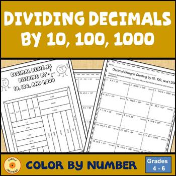 Preview of Divide Decimals By 10, 100, 100 Color by Code Worksheet and Easel Assessment