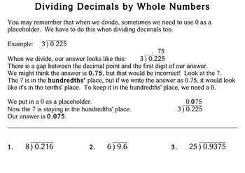 divide decimals by whole numbers 5 6th grade worksheets individualized math