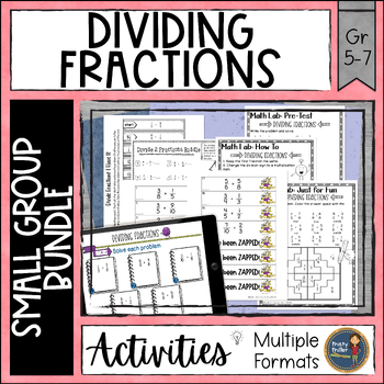 Preview of Divide Fractions Math Small Group Bundle - Assessment, Practice, Game, Test Prep
