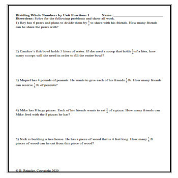 divide whole numbers by unit fractions word problems 2 worksheets 5 nf 7