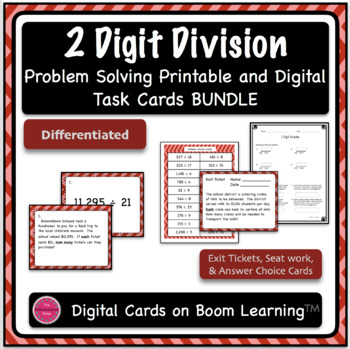 Preview of Dividing 4+ by 2 Digit Word & Computation Task & Boom Card Deck Bundle