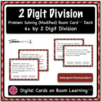 Preview of Dividing 4+ by 2 Digit Word Problem Boom Card Deck {With Visual Supports}