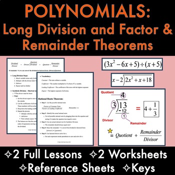 Preview of 2 Lessons, Worksheets &More: POLYNOMIAL LONG DIVISION, FACTOR/REMAINDER THEOREMS