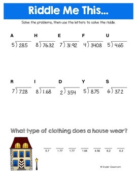 long division with decimals math riddles by snyder classroom tpt