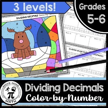 Preview of Dividing Decimals Differentiated Worksheet | Fun Winter Coloring Activity