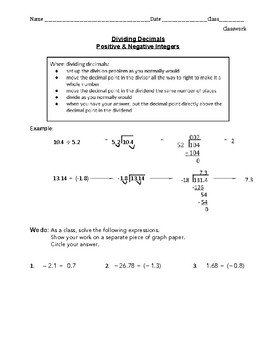 Preview of Dividing Decimals Positive & Negative Integers Classwork & Homework