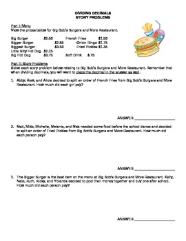 Preview of Dividing Decimals Story Problems