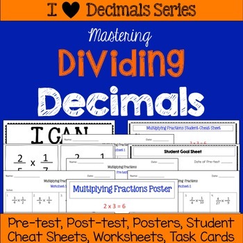 Preview of Dividing Decimals Unit -Pretests, Post-tests, Posters, Cheat Sheets, Worksheets