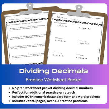 Preview of Dividing Decimals - Worksheet BUNDLE, Standard and Word Problems - NO PREP