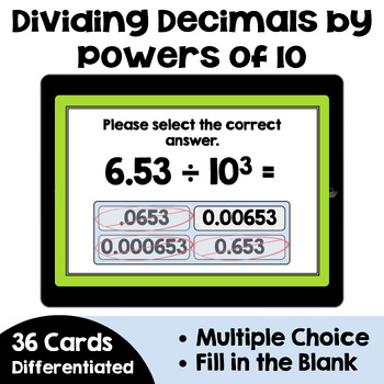 Preview of Dividing Decimals by Powers of 10 | Self Correcting Boom Cards