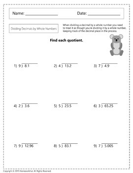 dividing decimals by whole numbers worksheets by homework hut tpt