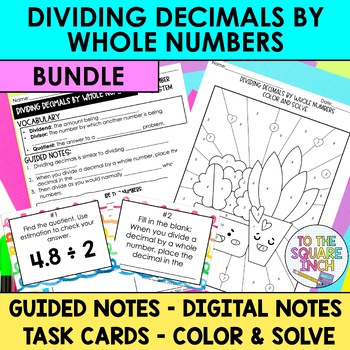 Preview of Dividing Decimals by Whole Numbers Notes & Activities | Task Cards & More
