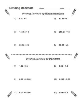 Dividing Decimals by Whole Numbers and Divide Decimal Worksheet with