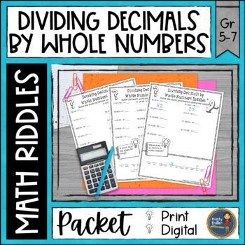 Preview of Dividing Decimals by Whole Numbers Math Riddles Worksheets - No Prep
