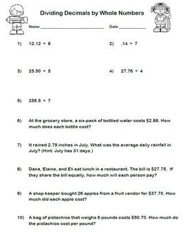 dividing decimals by whole numbers worksheet with answer key tpt