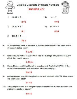 dividing decimals by whole numbers worksheet with answer key tpt