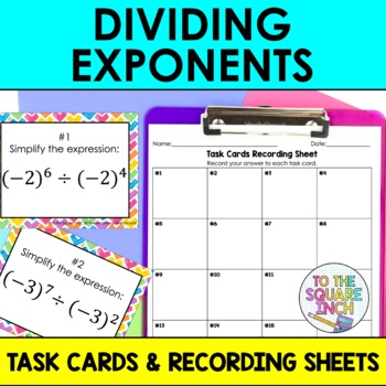 Preview of Dividing Exponents Task Cards | Dividing Exponents Math Center Practice Activity