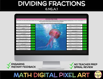Preview of Dividing Fractions 6.NS.A.1 Math Self-Checking Pixel Art