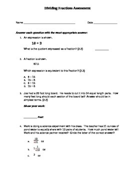 Preview of Dividing Fractions Assessment