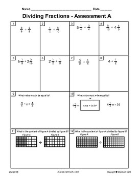 Preview of Dividing Fractions Assessment - 2 Versions