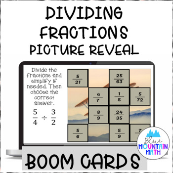 Preview of Dividing Fractions Picture Reveal Boom Cards--Digital Task Cards