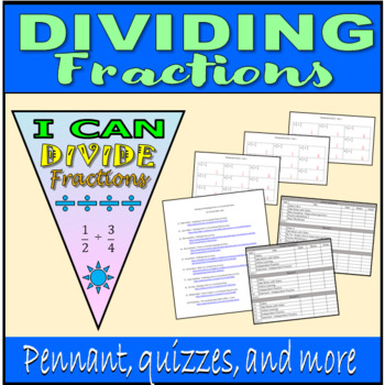 Preview of Dividing Fractions - Quizzes, Pennants, and more