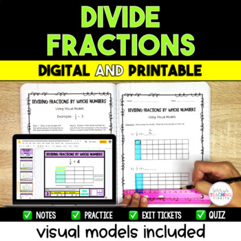 Preview of Divide Fractions with Visual Models Included - Digital & Printable