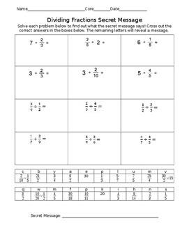 Preview of Dividing Fractions Secret Message