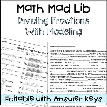 Preview of Dividing Fractions with Modeling Math Mad Lib