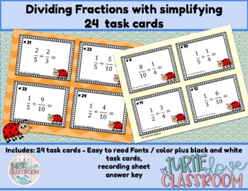 Preview of Dividing Fractions with simplifying  24  task cards - Print and Teach! No Prep!