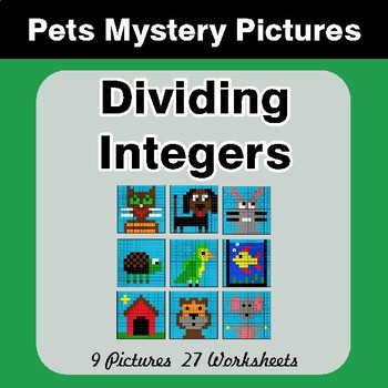 Dividing Integers - Color-By-Number Math Mystery Pictures - Pets Theme