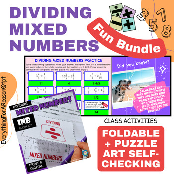 Preview of Dividing Mixed Fractions - Class Activities: Foldable+ Self-checking Puzzle art